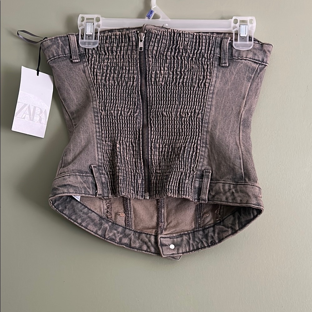 Zara Strapless Denim Bustier in Faded Taupe - Picture 7 of 8